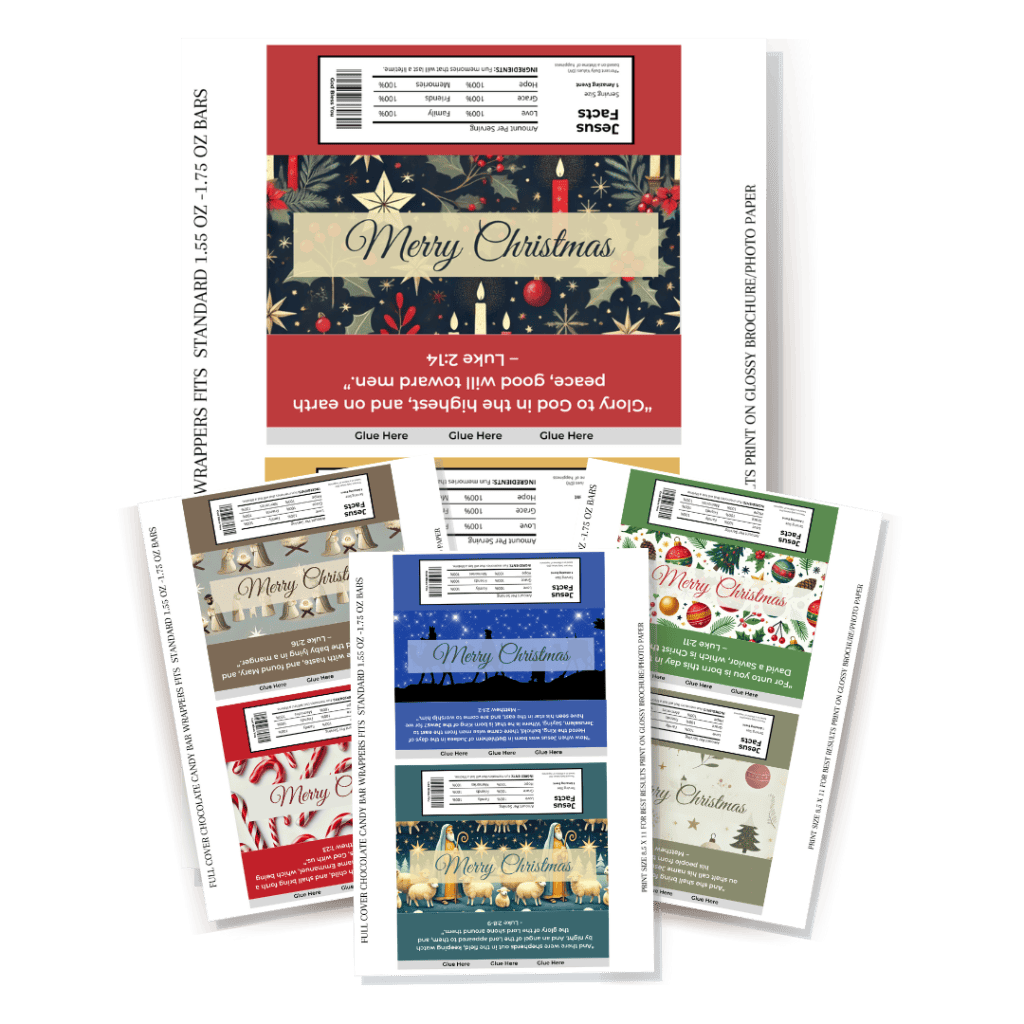 Mockup of of the ​Free Printable Christmas Candy Bar Wrappers.