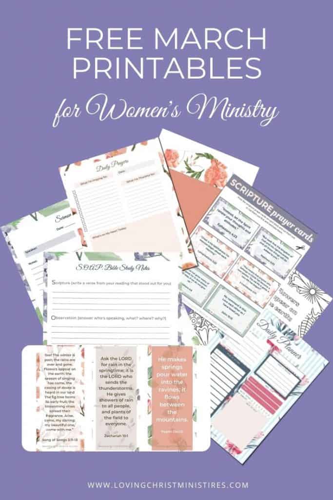 Mockup up of March printables for women's ministry.