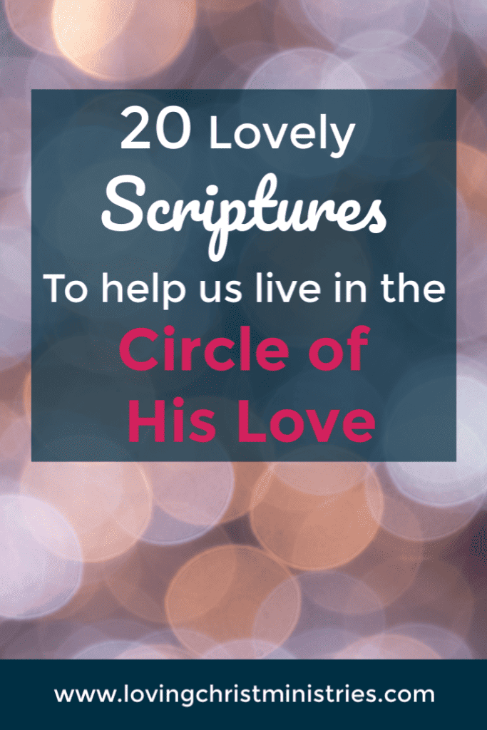 Light tan and blue polka dot background with title text overlay - 20 Lovely Scriptures for Circle of His Love.