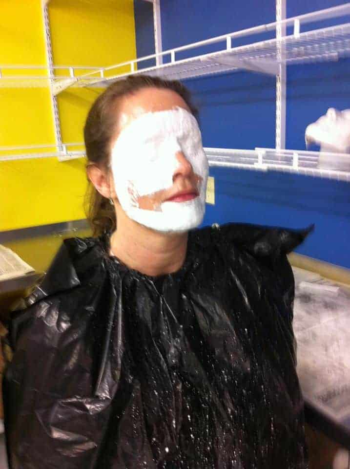 julie with plaster gauze mask on her face