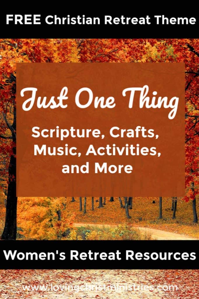 Fall trees lining a road with title text overlay - Just One Thing Women's Retreat Theme.