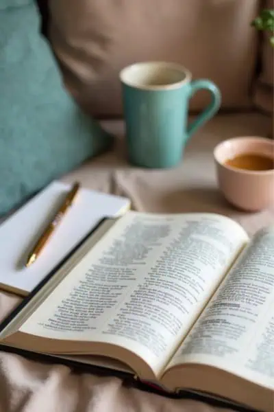 Desktop with open BIble, notepad, pen, and coffee cup.