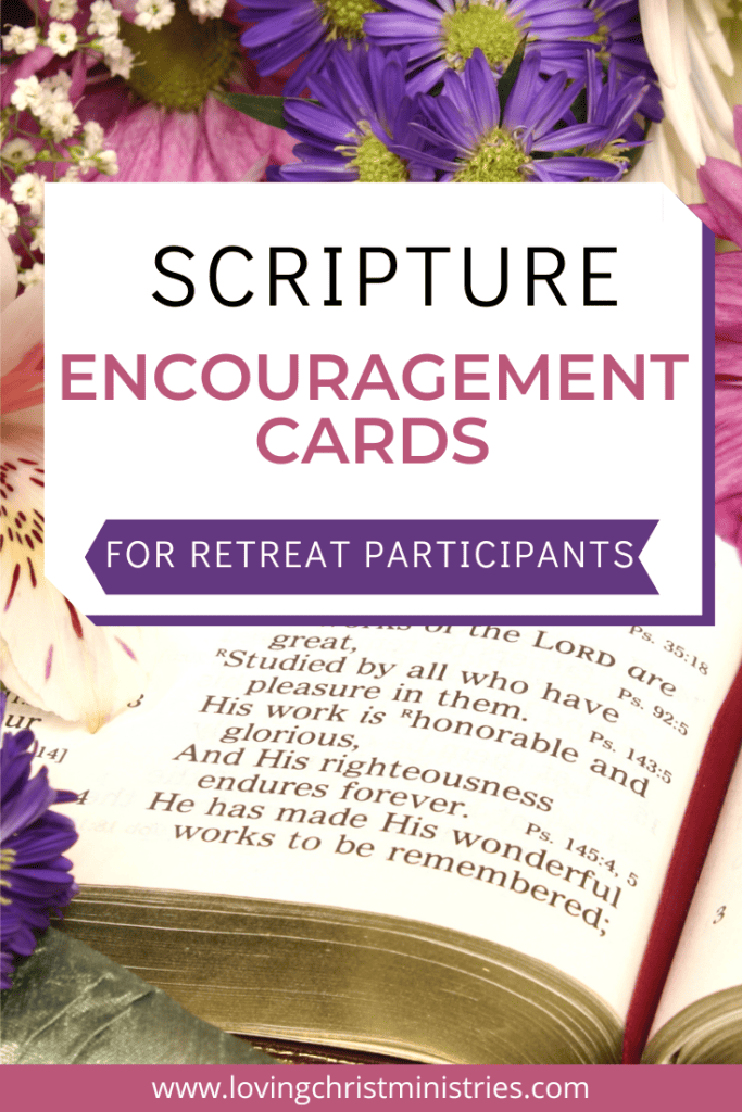 Bible open to Psalm 111 surrounded by colorful purple and pink flowers with title text overlay - Free Scripture Encouragement Cards for Retreat Participants.